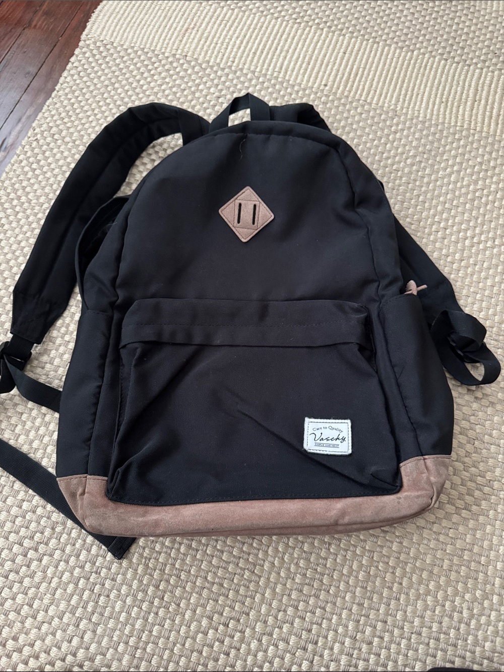 Black Daypack Backpack with Brown Suede Trim
